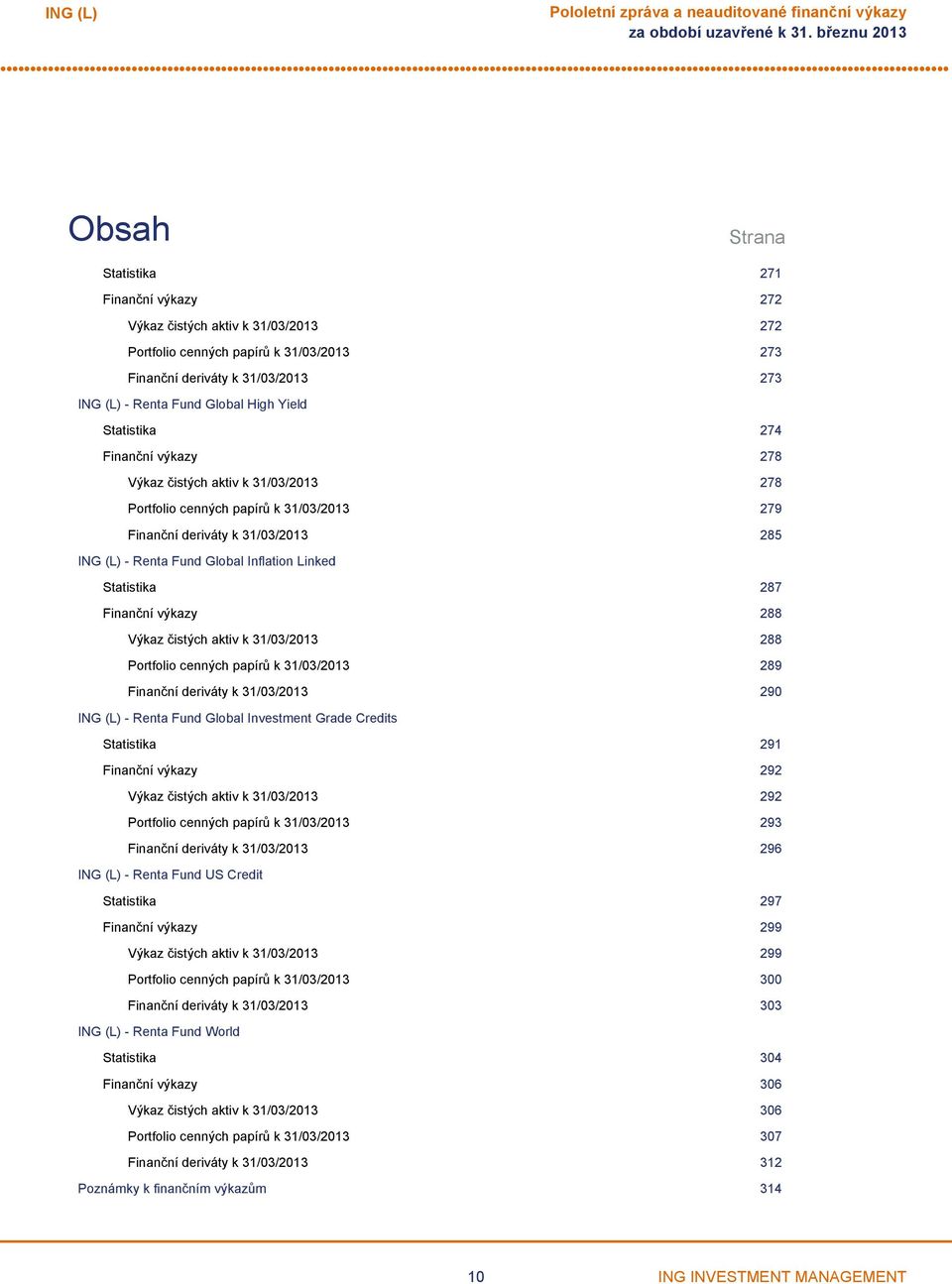 Finanční výkazy 288 Výkaz čistých aktiv k 31/03/2013 288 Portfolio cenných papírů k 31/03/2013 289 Finanční deriváty k 31/03/2013 290 Renta Fund Global Investment Grade Credits Statistika 291