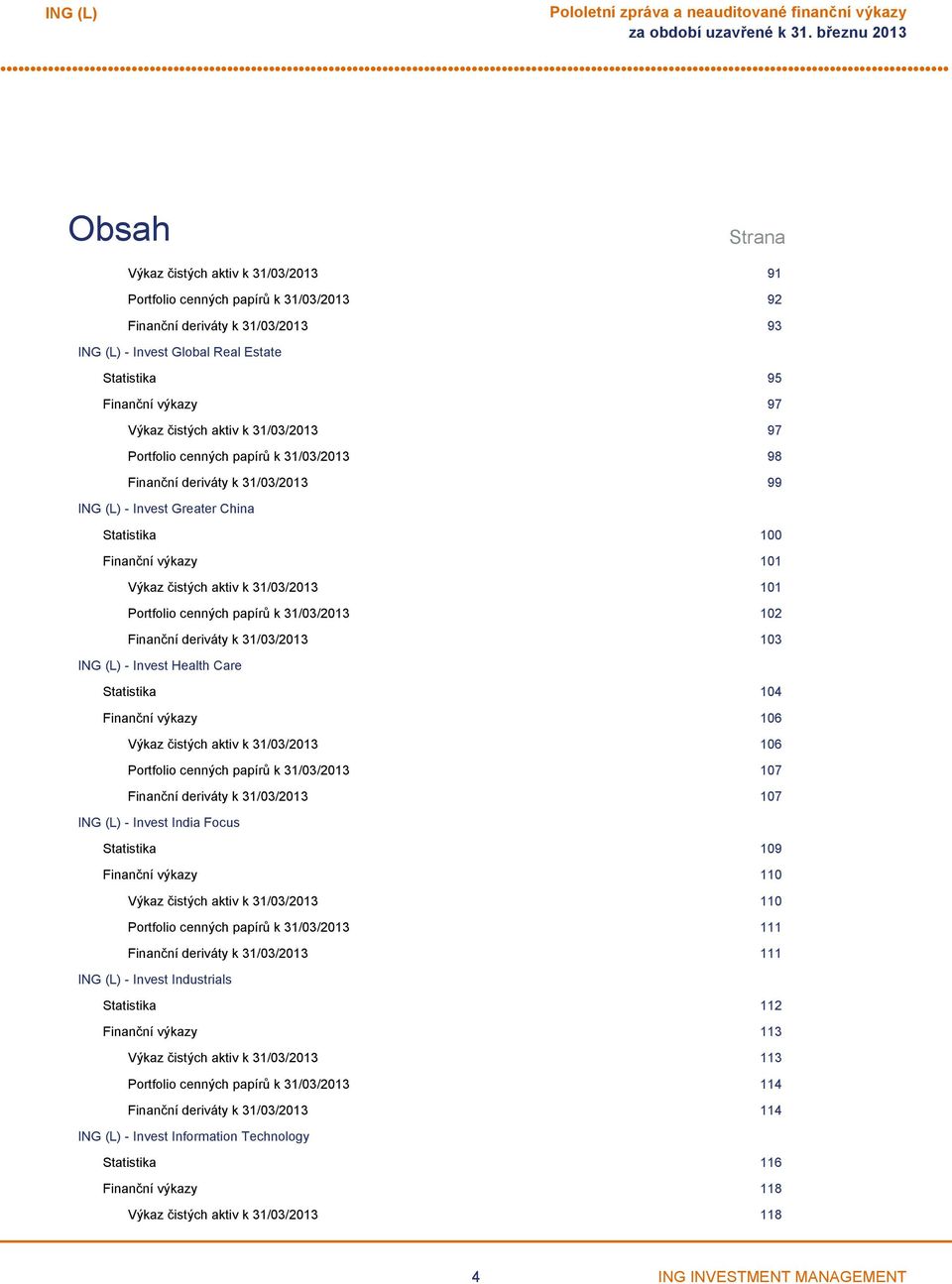 cenných papírů k 31/03/2013 102 Finanční deriváty k 31/03/2013 103 Invest Health Care Statistika 104 Finanční výkazy 106 Výkaz čistých aktiv k 31/03/2013 106 Portfolio cenných papírů k 31/03/2013 107