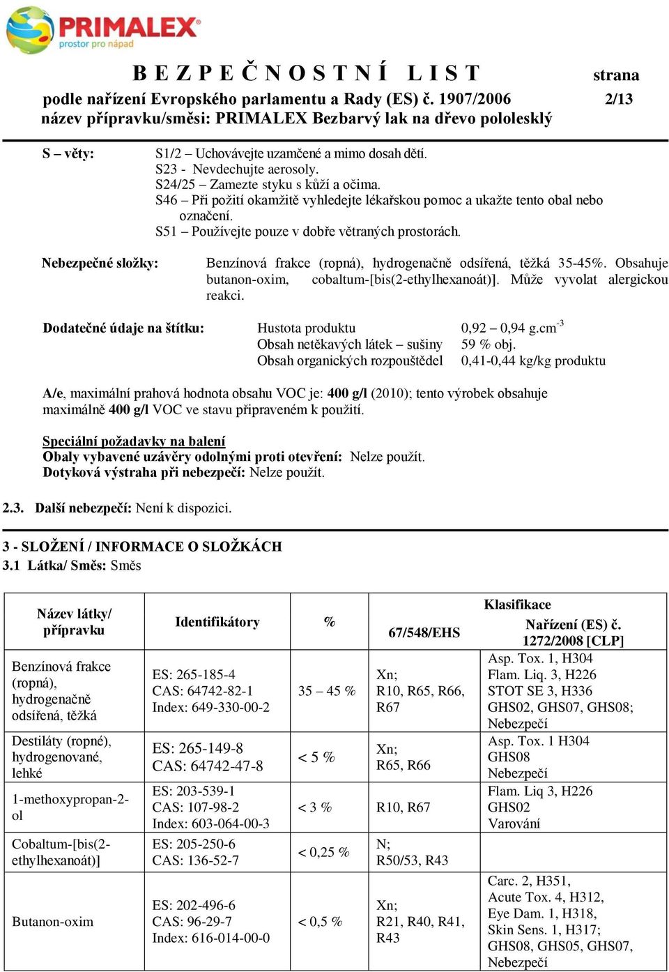 Nebezpečné sloţky: Benzínová frakce (ropná), hydrogenačně odsířená, těžká 35-45%. Obsahuje butanon-oxim, cobaltum-[bis(2-ethylhexanoát)]. Může vyvolat alergickou reakci.