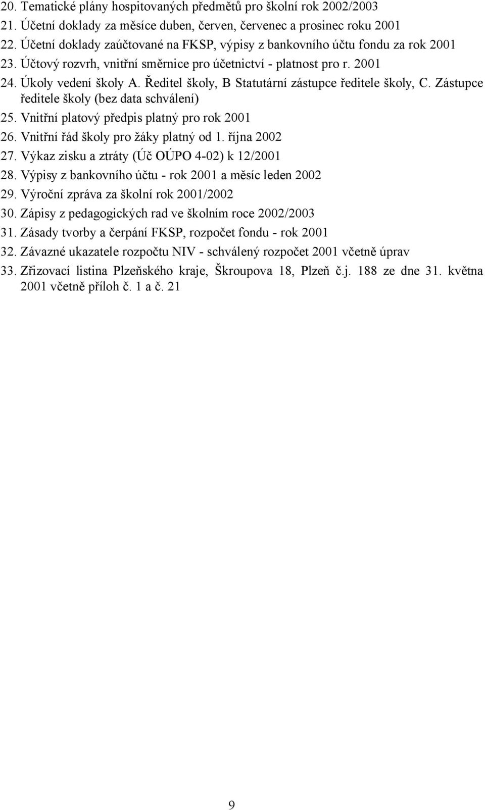 Ředitel školy, B Statutární zástupce ředitele školy, C. Zástupce ředitele školy (bez data schválení) 25. Vnitřní platový předpis platný pro rok 2001 26. Vnitřní řád školy pro žáky platný od 1.