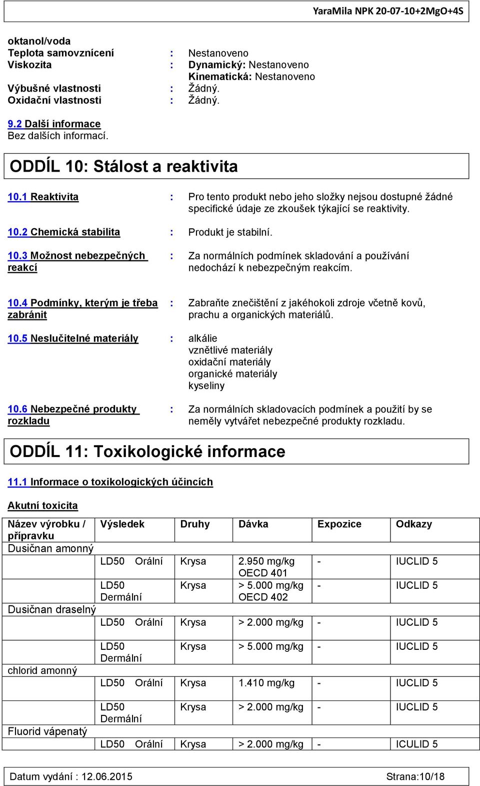 10.2 Chemická stabilita : Produkt je stabilní. 10.3 Možnost nebezpečných reakcí : Za normálních podmínek skladování a používání nedochází k nebezpečným reakcím. 10.4 Podmínky, kterým je třeba zabránit : Zabraňte znečištění z jakéhokoli zdroje včetně kovů, prachu a organických materiálů.