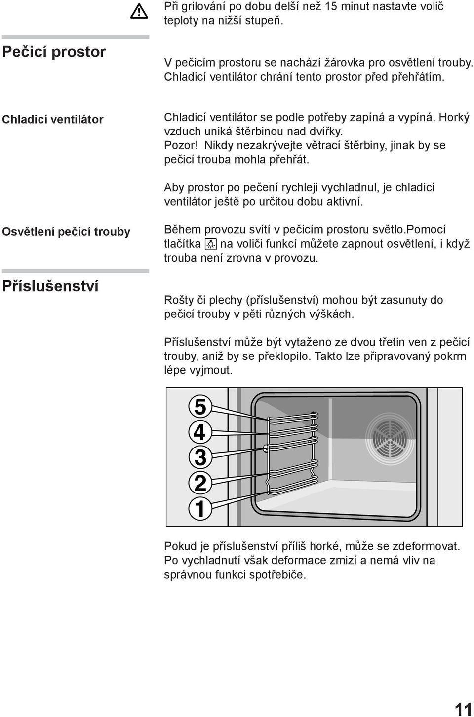 Nikdy nezakrývejte větrací štěrbiny, jinak by se pečicí trouba mohla přehřát. Aby prostor po pečení rychleji vychladnul, je chladicí ventilátor ještě po určitou dobu aktivní.