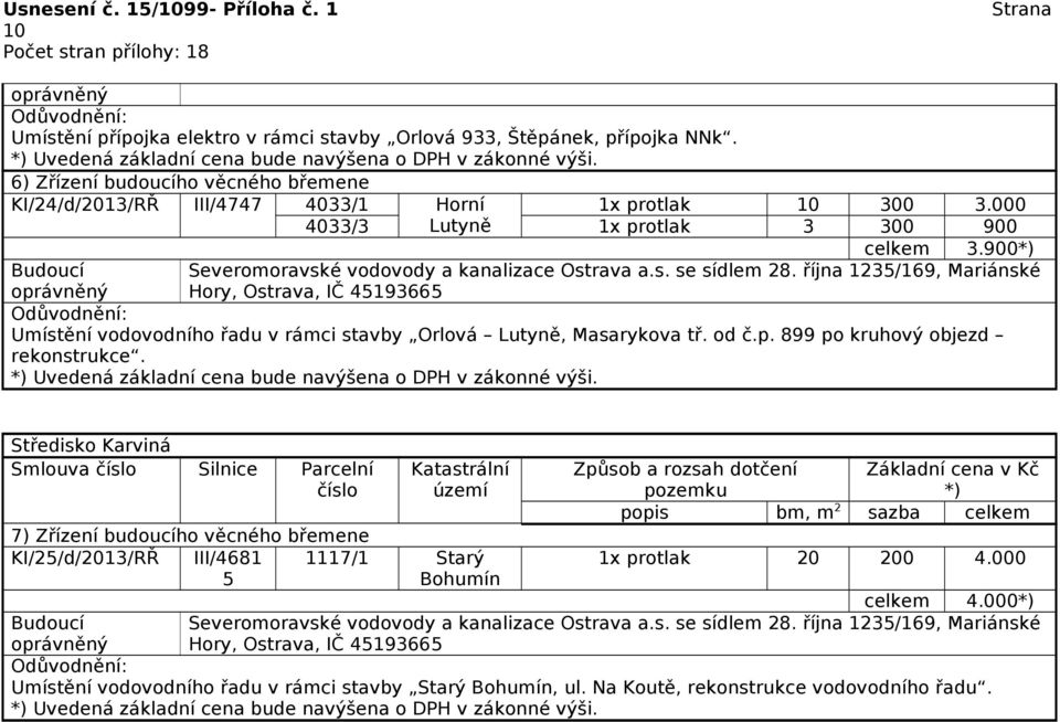 října 1235/169, Mariánské Hory, Ostrava, IČ 45193665 oprávněný Umístění vodovodního řadu v rámci stavby Orlová Lutyně, Masarykova tř. od č.p. 899 po kruhový objezd rekonstrukce.