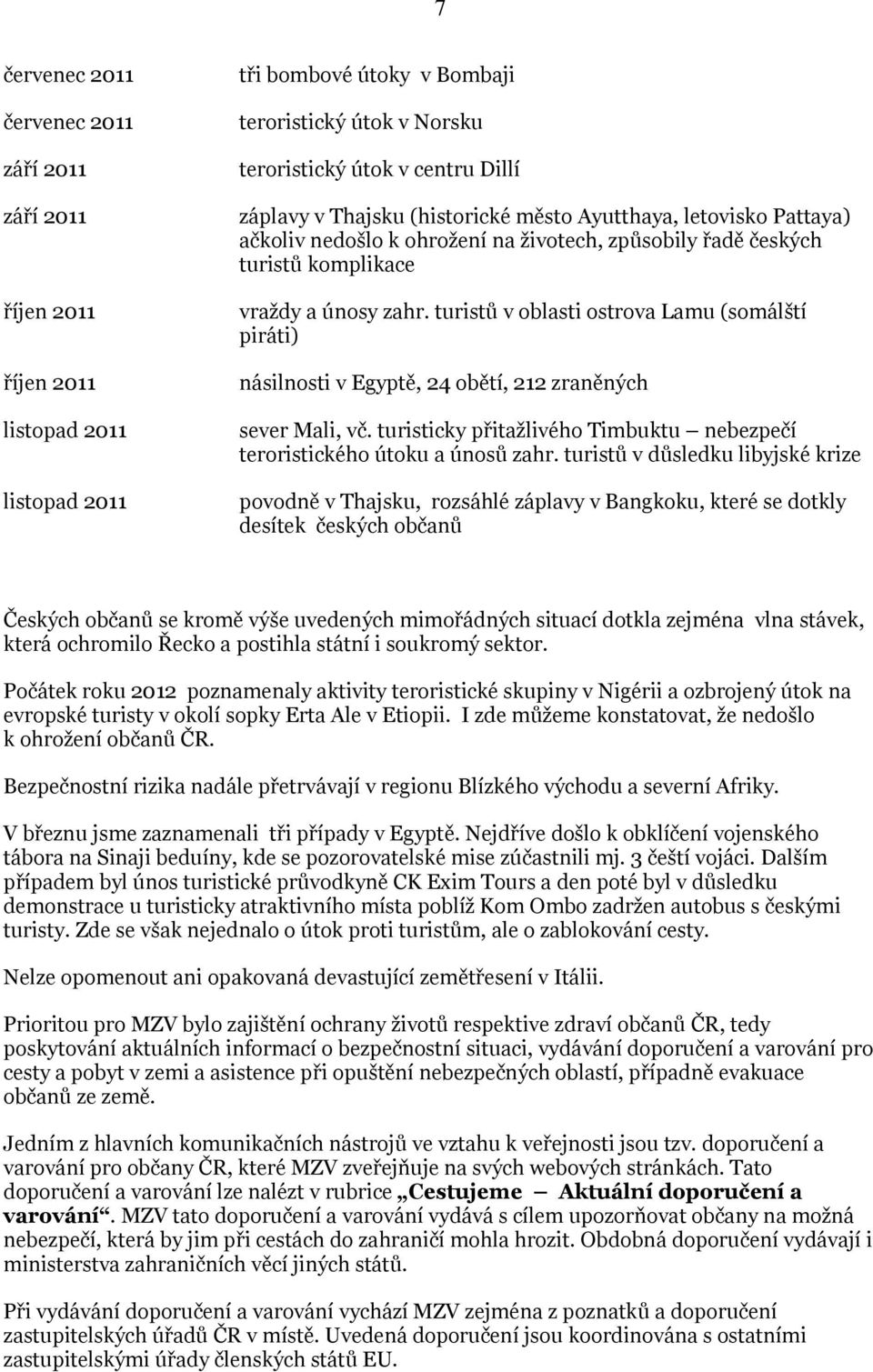 turistů v oblasti ostrova Lamu (somálští piráti) násilnosti v Egyptě, 24 obětí, 212 zraněných sever Mali, vč. turisticky přitažlivého Timbuktu nebezpečí teroristického útoku a únosů zahr.