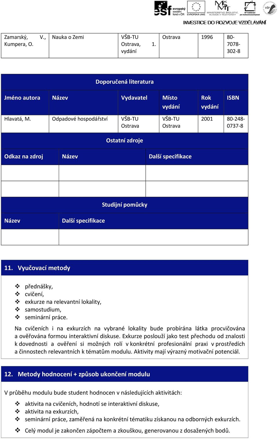 Vyučovací metody,, exkurze na relevantní lokality, samostudium, seminární práce. Na ch i na exkurzích na vybrané lokality bude probírána látka procvičována a ověřována formou interaktivní diskuse.