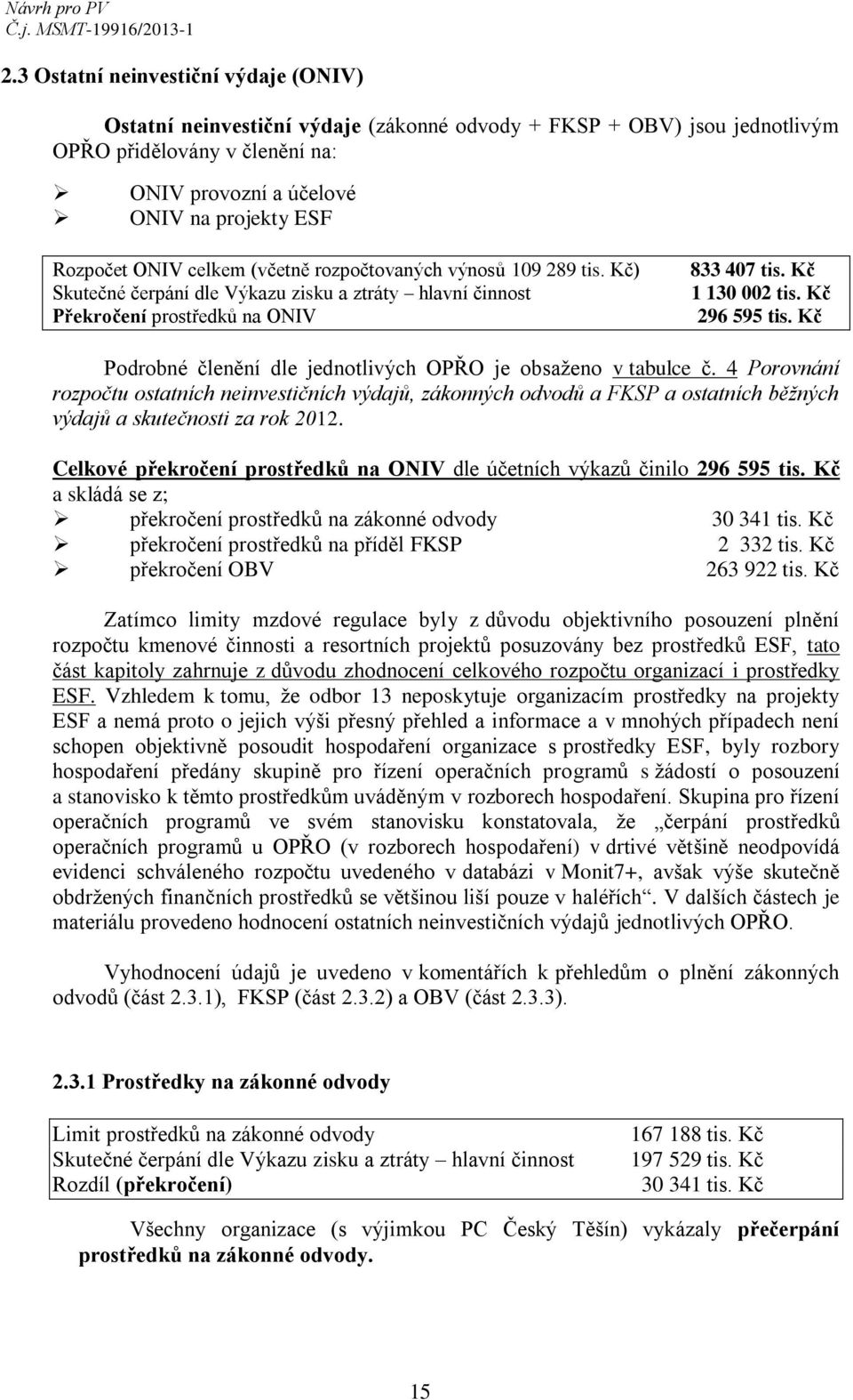 Kč Podrobné členění dle jednotlivých OPŘO je obsaženo v tabulce č. 4 Porovnání rozpočtu ostatních neinvestičních výdajů, zákonných odvodů a FKSP a ostatních běžných výdajů a skutečnosti za rok 2012.