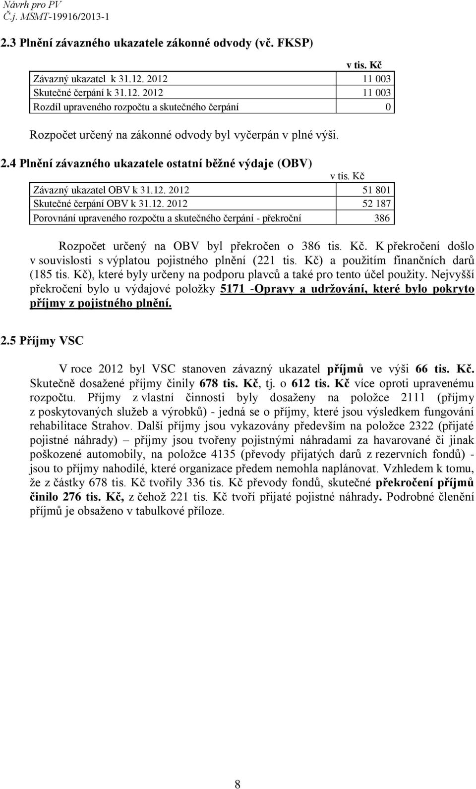 12. 2012 51 801 Skutečné čerpání OBV k 31.12. 2012 52 187 Porovnání upraveného rozpočtu a skutečného čerpání - překroční 386 Rozpočet určený na OBV byl překročen o 386 tis. Kč.