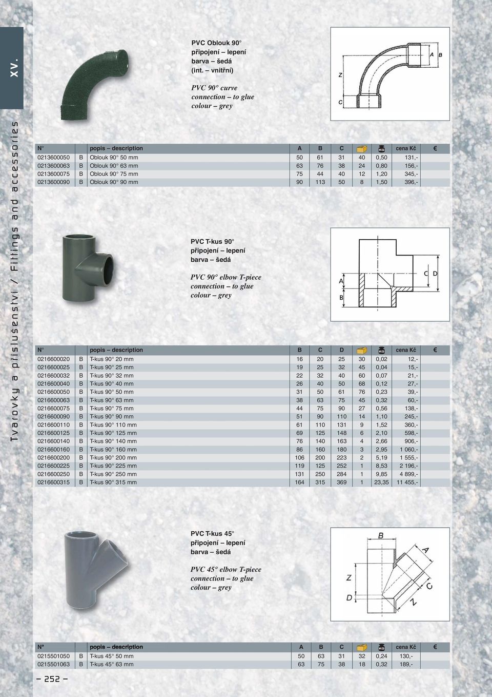 12 1,20 345,- 0213600090 B Oblouk 90 90 mm 90 113 50 8 1,50 396,- PVC T-kus 90 PVC 90 elbow T-piece N popis description B C D cena Kč 0216600020 B T-kus 90 20 mm 16 20 25 30 0,02 12,- 0216600025 B