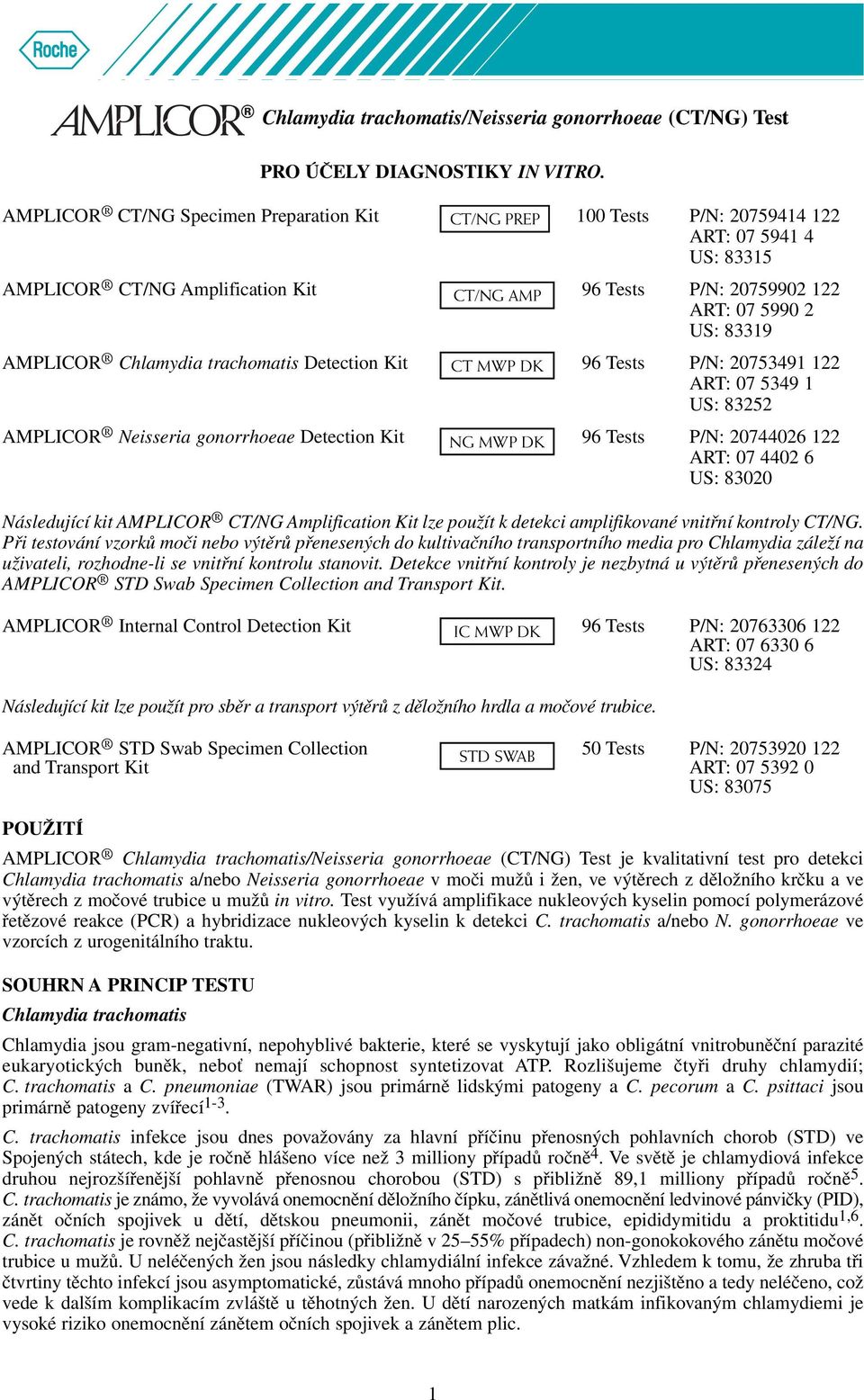 AMPLICOR Chlamydia trachomatis Detection Kit CT MWP DK 96 Tests P/N: 20753491 122 ART: 07 5349 1 US: 83252 AMPLICOR Neisseria gonorrhoeae Detection Kit NG MWP DK 96 Tests P/N: 20744026 122 ART: 07