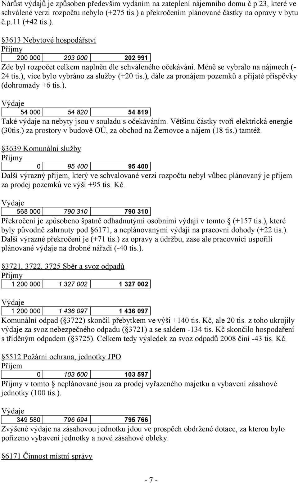 Méně se vybralo na nájmech (- 24 tis.), více bylo vybráno za služby (+20 tis.), dále za pronájem pozemků a přijaté příspěvky (dohromady +6 tis.). 54 000 54 820 54 819 Také výdaje na nebyty jsou v souladu s očekáváním.