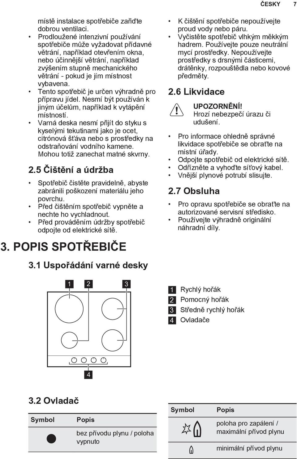 vybavena. Tento spotřebič je určen výhradně pro přípravu jídel. Nesmí být používán k jiným účelům, například k vytápění místností.