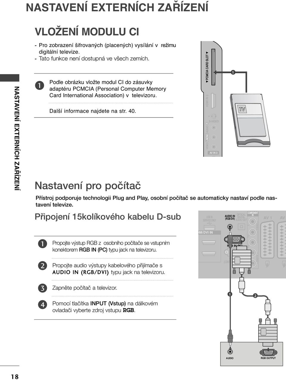 Pfiipojení 5kolíkového kabelu D-sub Podle obrázku vložte modul CI do zásuvky adaptéru PCMCIA (Personal Computer Memory Card International Association) v televizoru. Další informace najdete na str. 40.