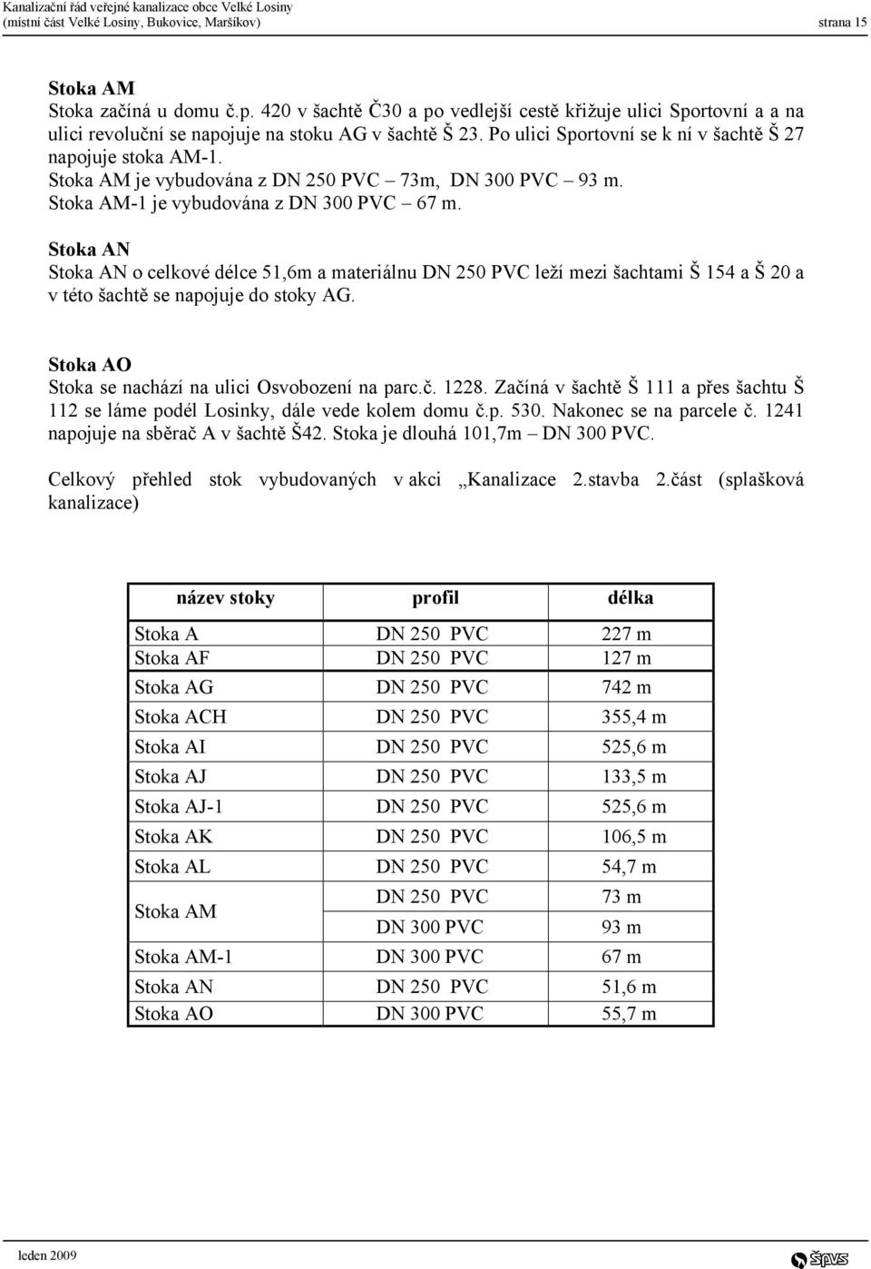 Stoka AM je vybudována z DN 250 PVC 73m, DN 300 PVC 93 m. Stoka AM-1 je vybudována z DN 300 PVC 67 m.