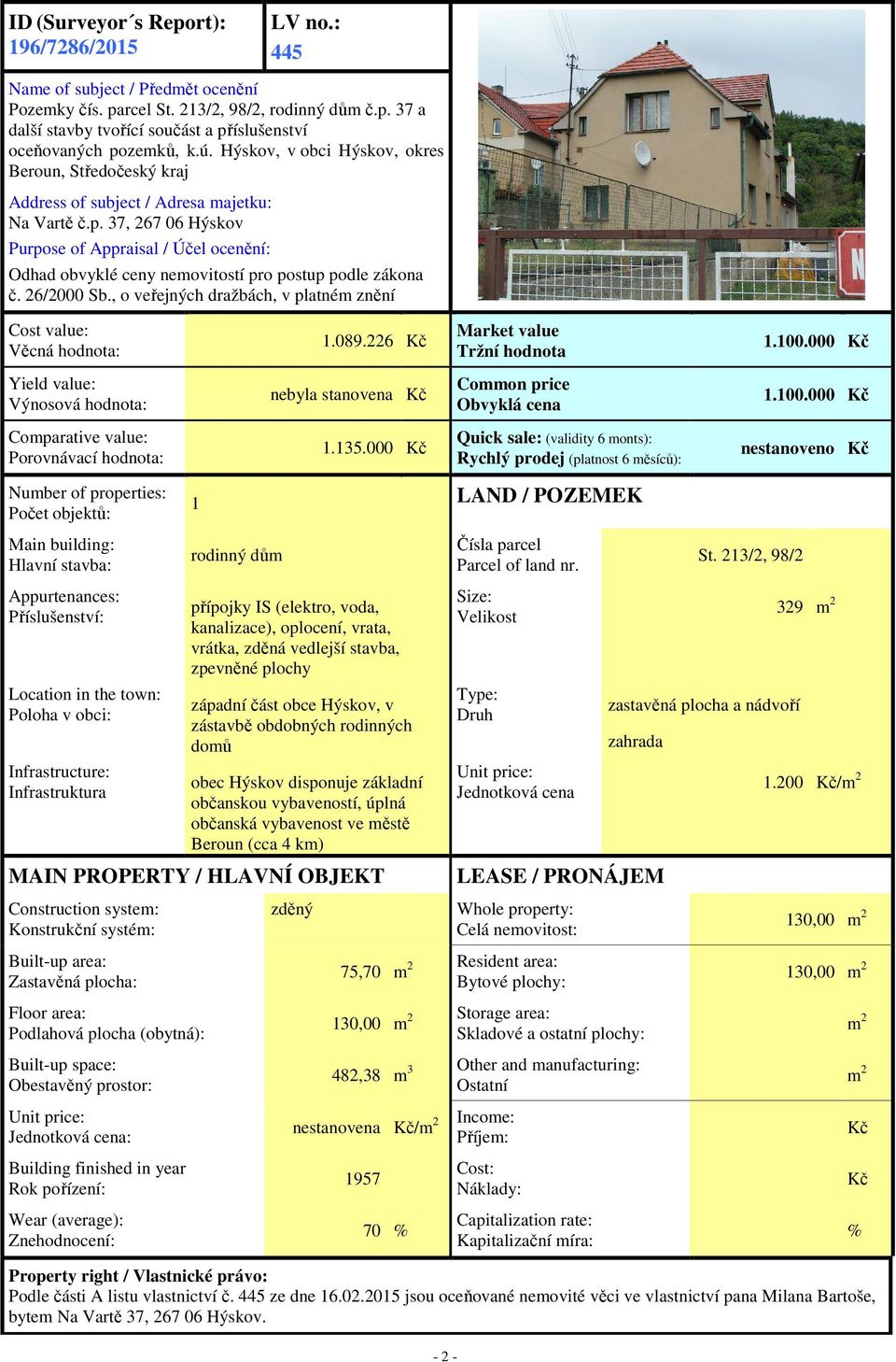 37, 267 06 Hýskov Purpose of Appraisal / Účel ocenění: Odhad obvyklé ceny nemovitostí pro postup podle zákona č. 26/2000 Sb., o veřejných dražbách, v platném znění Cost value: Věcná hodnota: 1.089.