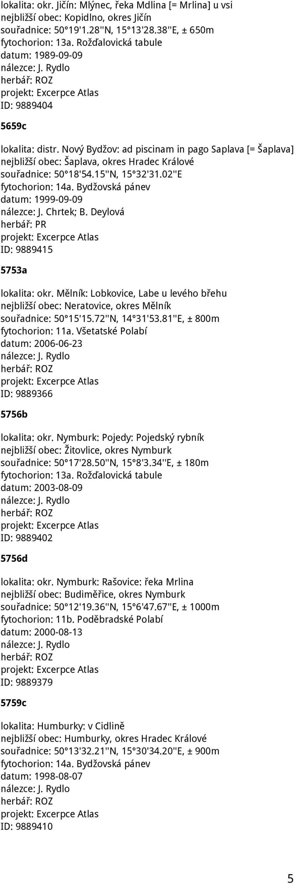 15''N, 15 32'31.02''E fytochorion: 14a. Bydžovská pánev datum: 1999-09-09 nálezce: J. Chrtek; B. Deylová ID: 9889415 5753a lokalita: okr.