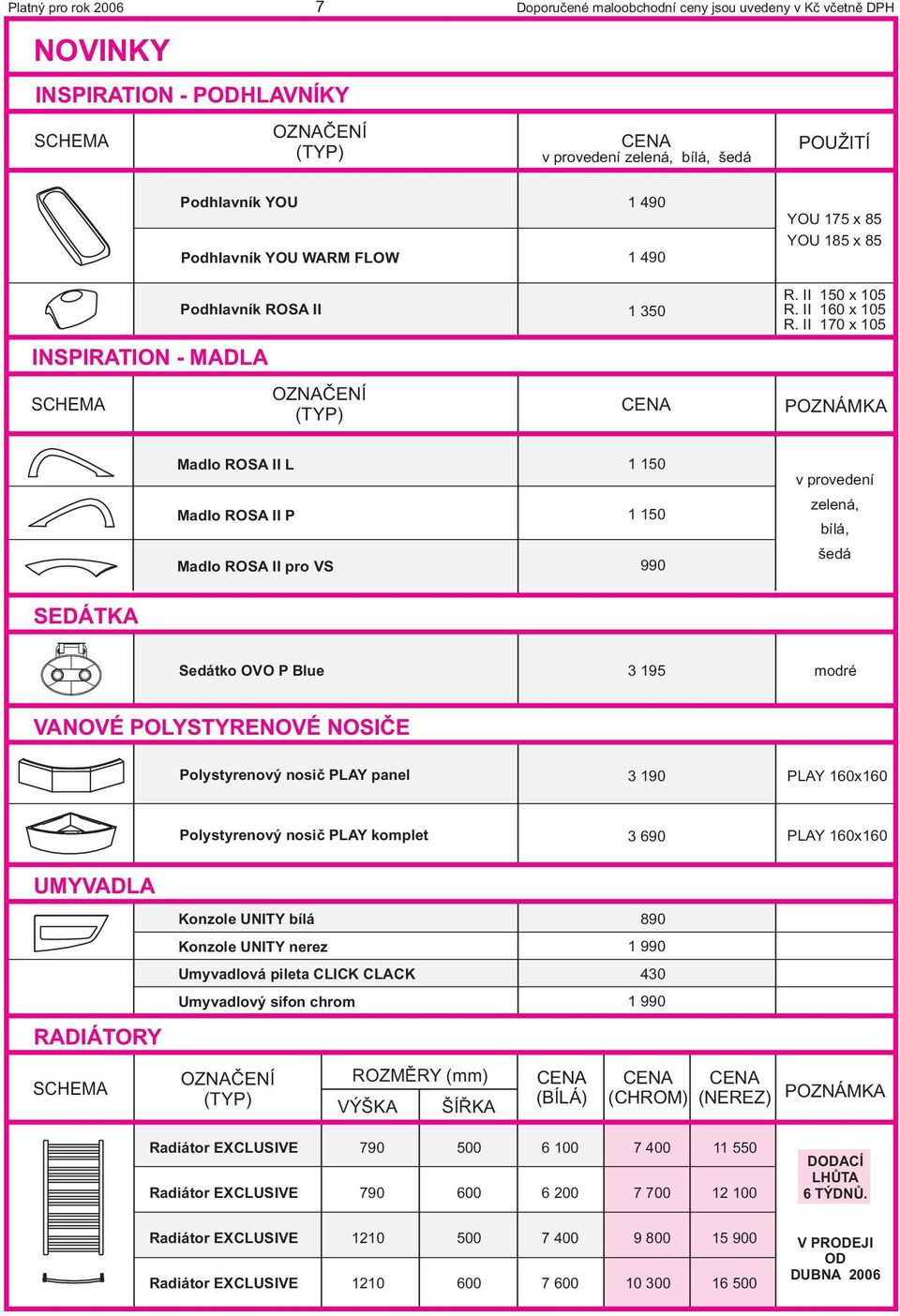 II 170 105 Madlo ROSA II Madlo ROSA II P Madlo ROSA II pro VS 1 150 1 150 990 v provedení zelená, bílá, šedá SEDÁTKA Sedátko OVO P Blue 3 195 modré VANOVÉ POYSTYRENOVÉ NOSIÈE Polystyrenový nosiè PAY