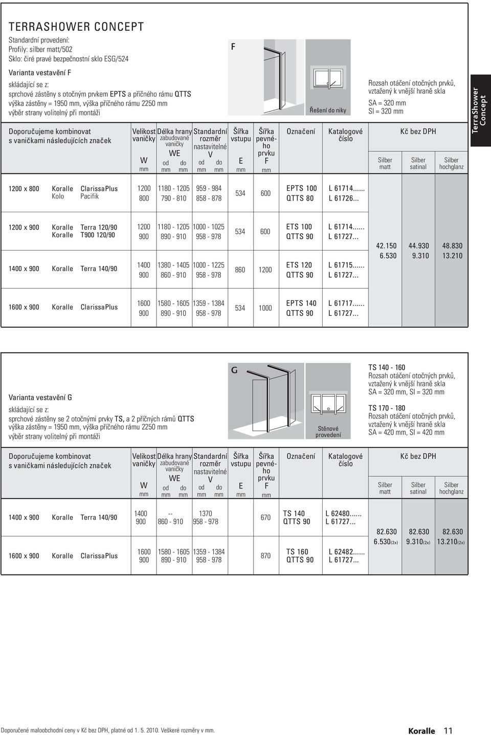 nastavitelné F vstupu pevného prvku F Řešení niky Rozsah otáčení otočných prvků, vztažený k vnější hraně skla SA = 320 SI = 320 Silber matt Silber satinal Silber hochglanz TerraShower Concept 1200 x