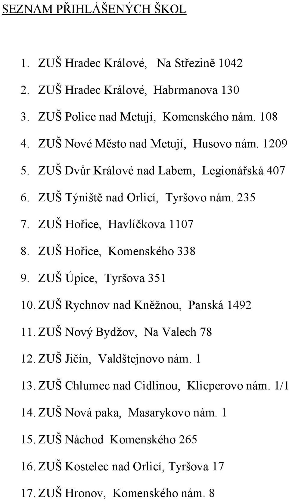 ZUŠ Hořice, Komenského 338 9. ZUŠ Úpice, Tyršova 351 10. ZUŠ Rychnov nad Kněžnou, Panská 1492 11. ZUŠ Nový Bydžov, Na Valech 78 12. ZUŠ Jičín, Valdštejnovo nám. 1 13.