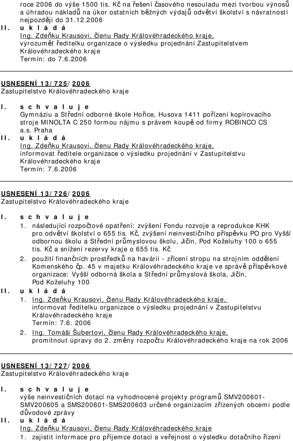 2006 USNESENÍ 13/725/2006 Gymnáziu a Střední odborné škole Hořice, Husova 1411 pořízení kopírovacího stroje MINOLTA C 250 formou nájmu s právem koupě od firmy ROBINCO CS a.s. Praha Ing.