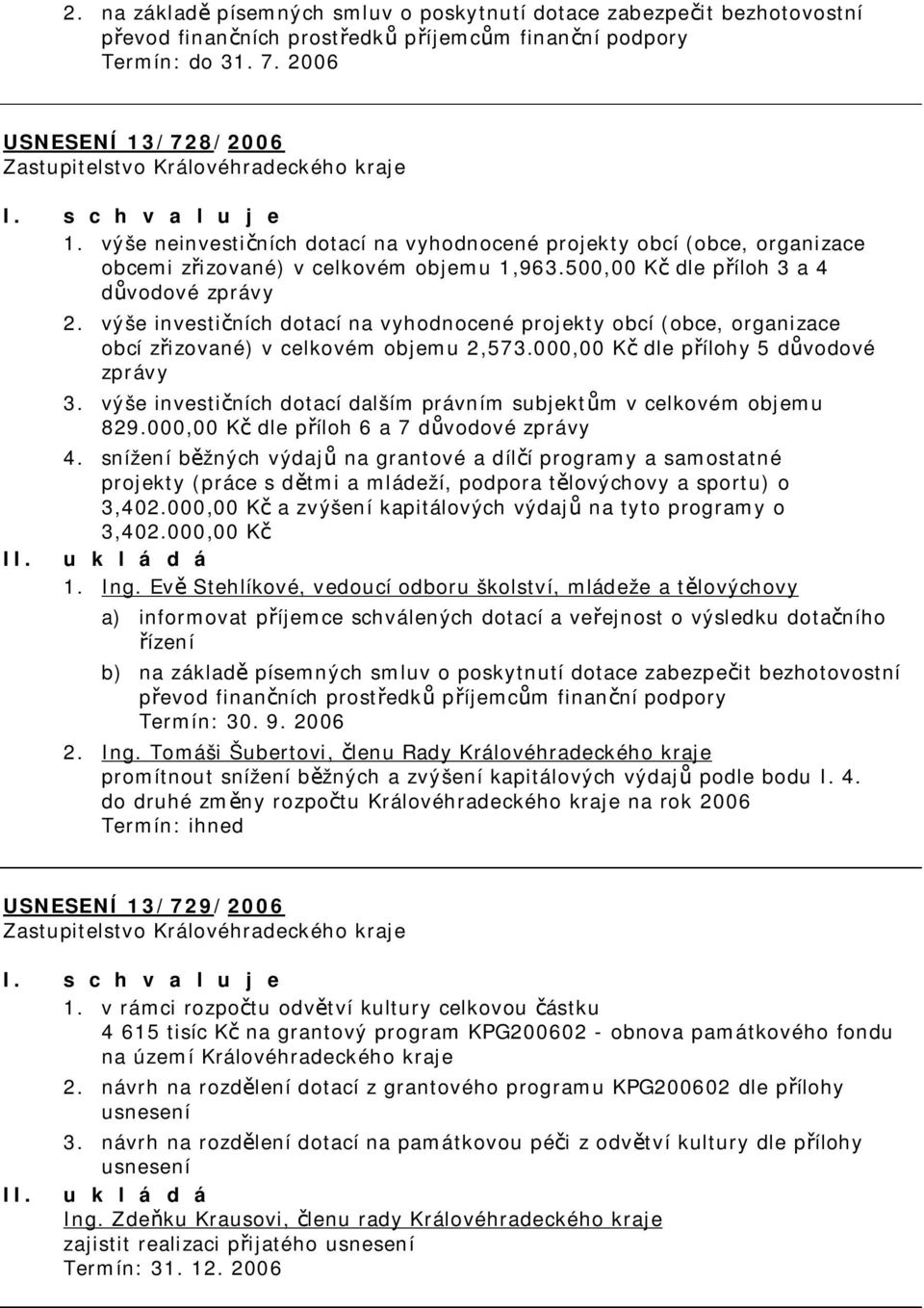 výše investičních dotací na vyhodnocené projekty obcí (obce, organizace obcí zřizované) v celkovém objemu 2,573.000,00 Kč dle přílohy 5 důvodové zprávy 3.