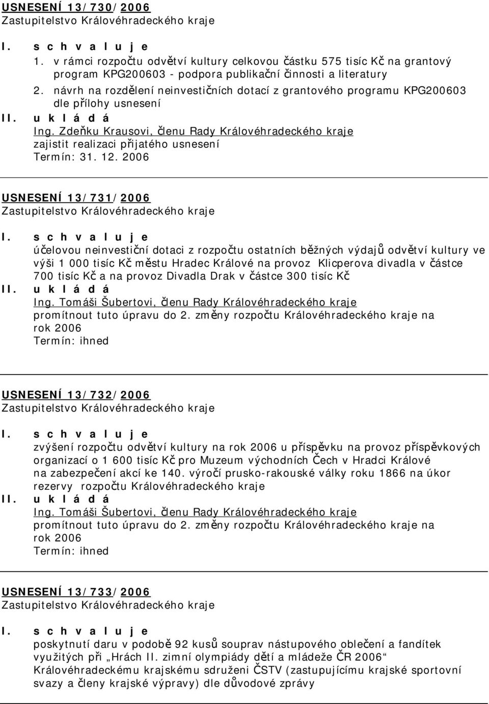 12. 2006 USNESENÍ 13/731/2006 účelovou neinvestiční dotaci z rozpočtu ostatních běžných výdajů odvětví kultury ve výši 1 000 tisíc Kč městu Hradec Králové na provoz Klicperova divadla v částce 700