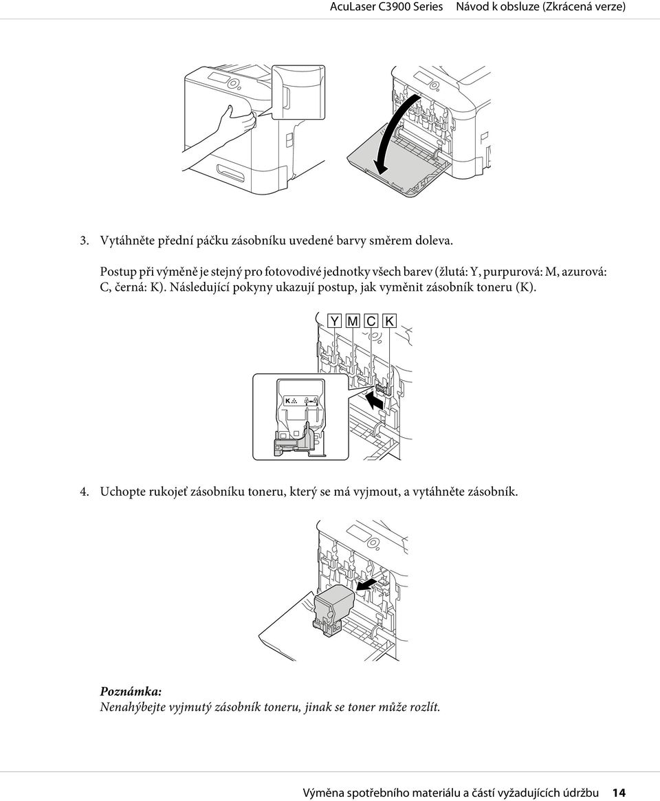 Následující pokyny ukazují postup, jak vyměnit zásobník toneru (K). Y M C K 4.