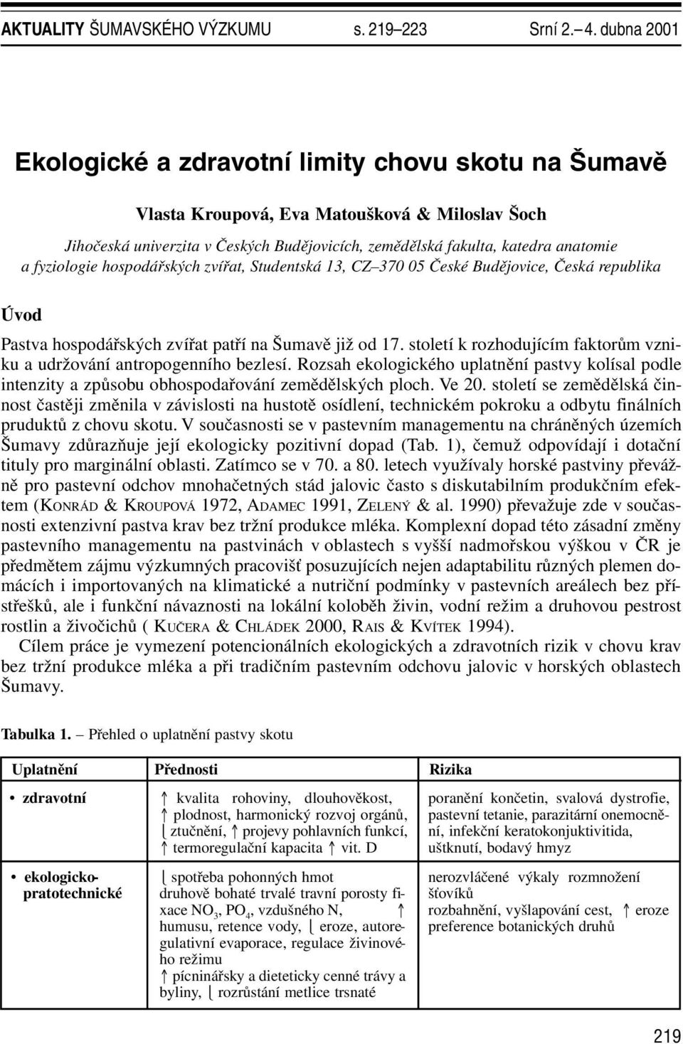 fyziologie hospodářských zvířat, Studentská 13, CZ 370 05 České Budějovice, Česká republika Úvod Pastva hospodářských zvířat patří na Šumavě již od 17.