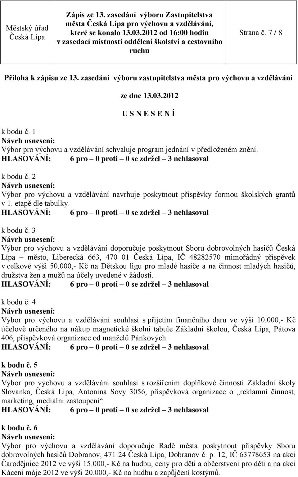 k bodu č. 3 Výbor pro výchovu a vzdělávání doporučuje poskytnout Sboru dobrovolných hasičů Česká Lípa město, Liberecká 663, 470 01, IČ 48282570 mimořádný příspěvek v celkové výši 50.