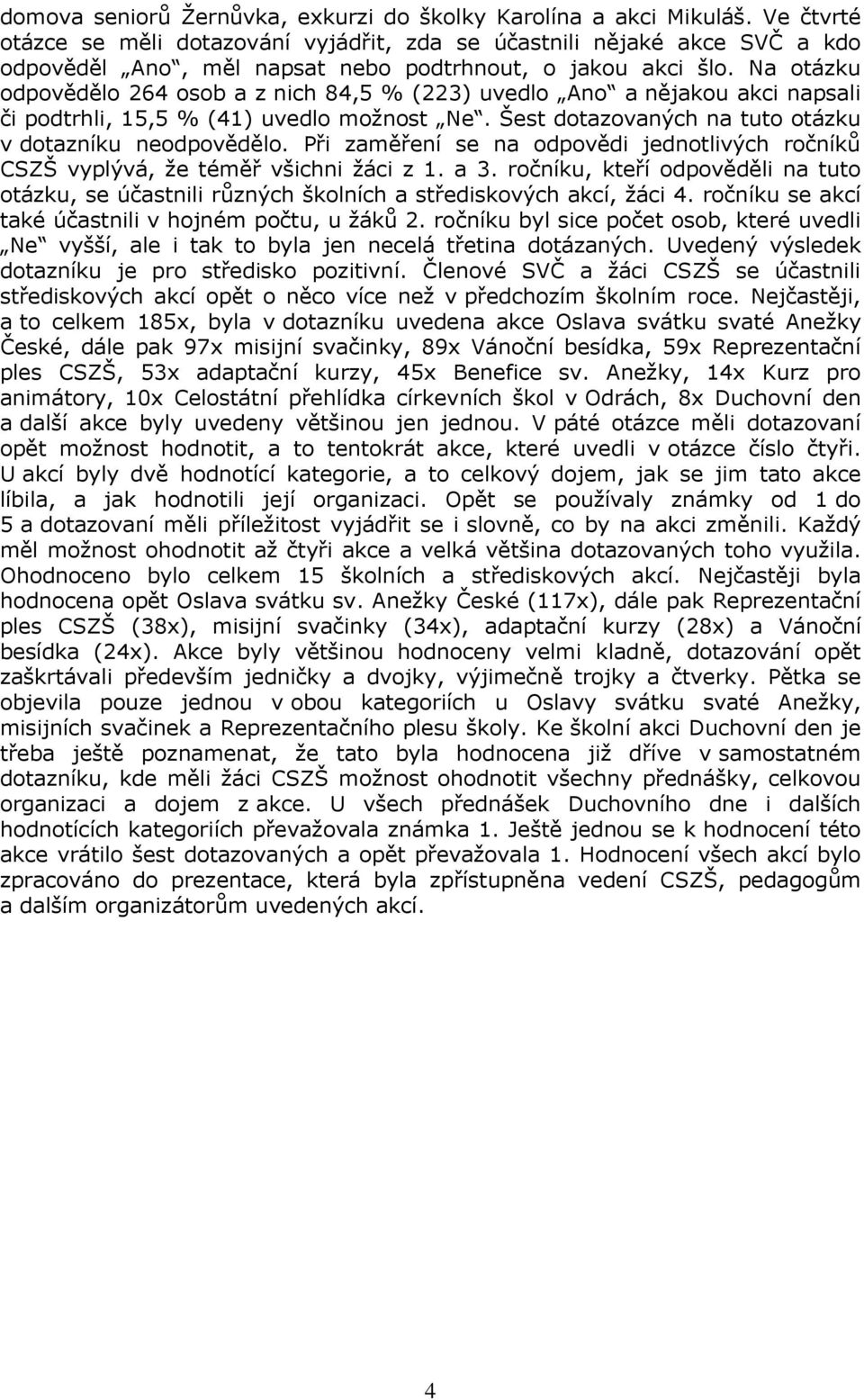 Na otázku odpovědělo 264 osob a z nich 84,5 % (223) uvedlo Ano a nějakou akci napsali či podtrhli, 15,5 % (41) uvedlo možnost Ne. Šest dotazovaných na tuto otázku v dotazníku neodpovědělo.