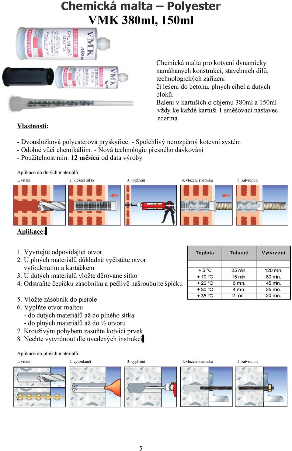 - Spolehlivý nerozpěrný kotevní systém - Odolné vůči chemikáliím. - Nová technologie přesného dávkování - Použitelnost min. 12 měsíců od data výroby Aplikace do dutých materiálů 1. vrtání 2.