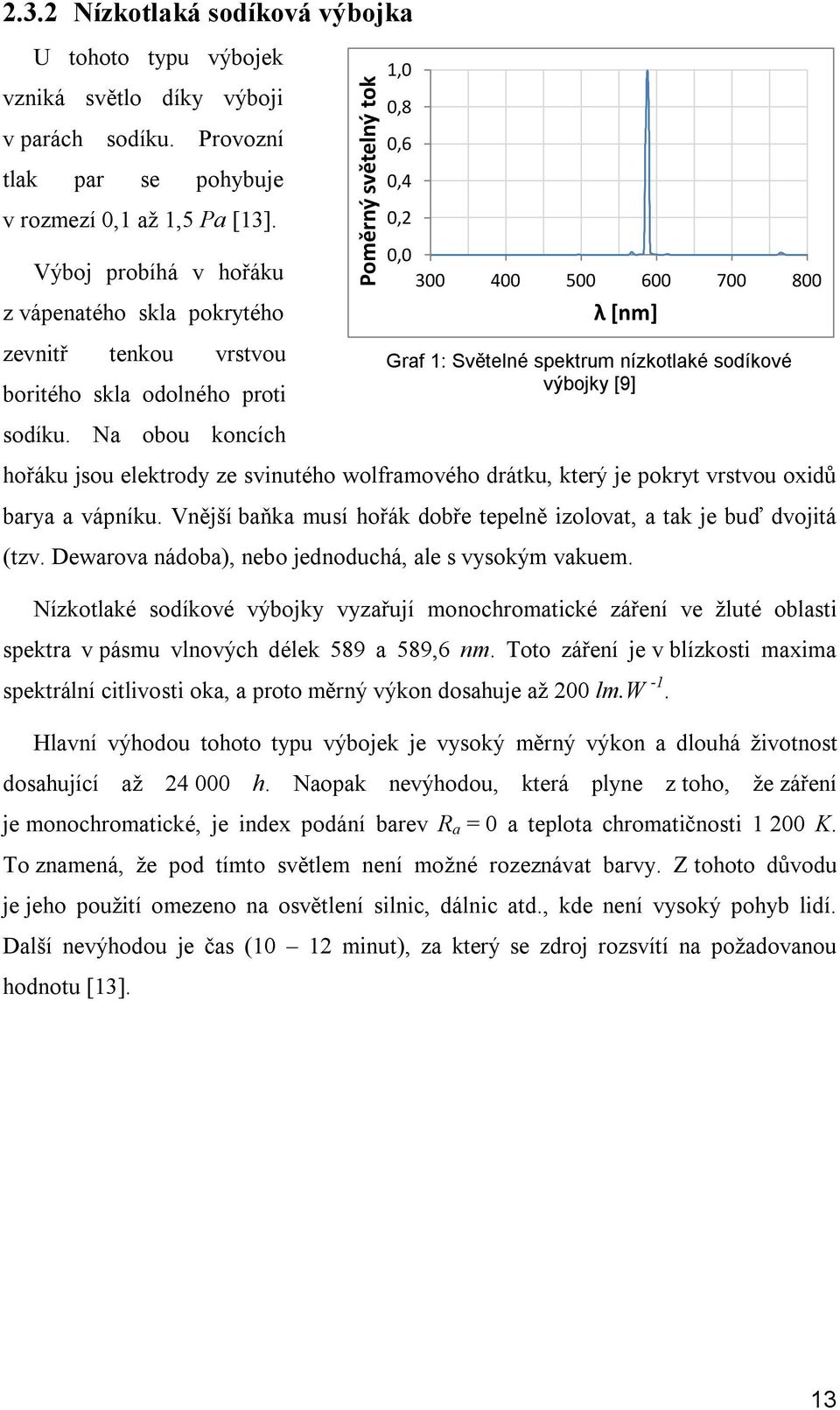 spektrum nízkotlaké sodíkové výbojky [9] sodíku. Na obou koncích hořáku jsou elektrody ze svinutého wolframového drátku, který je pokryt vrstvou oxidů barya a vápníku.