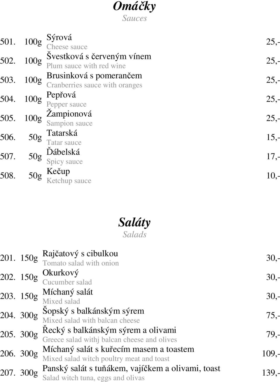 50g Kečup Ketchup sauce 15,- 17,- 10,- Saláty Salads 201. 150g Rajčatový s cibulkou Tomato salad with onion 202. 150g Okurkový 203. 150g 204. 300g 205. 300g 206. 300g 207.