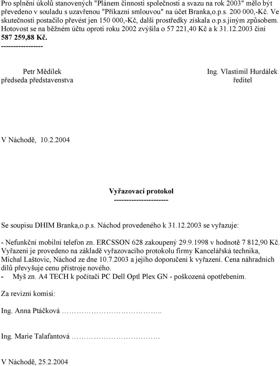 ----------------- Petr Mědílek předseda představenstva Ing. Vlastimil Hurdálek ředitel V Náchodě, 10.2.2004 Vyřazovací protokol ---------------------- Se soupisu DHIM Branka,o.p.s. Náchod provedeného k 31.