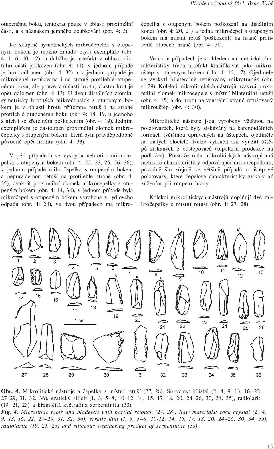 4: 11), v jednom případě je hrot odlomen (obr. 4: 32) a v jednom případě je mikročepel retušována i na straně protilehlé otupenému boku, ale pouze v oblasti hrotu, vlastní hrot je opět odlomen (obr.