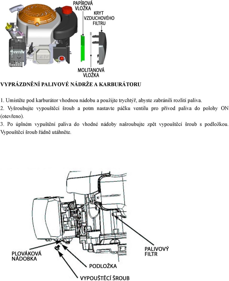 2. Vyšroubujte vypouštěcí šroub a potm nastavte páčku ventilu pro přívod paliva do polohy ON