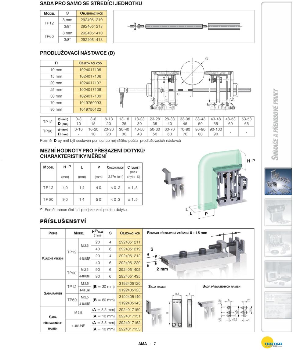 sestaven pomocí co nejnižšího počtu prodlužovacích nástavců MEZNÍ HODNOTY PRO PŘESAZENÍ DOTYKŮ/ CHARAKTERISTIKY MĚŘENÍ H (*) P OPAKOVATENOST 2,77σ (µm) CITIVOST (max chyba %) D H (*) TP12 40 40 <0,2