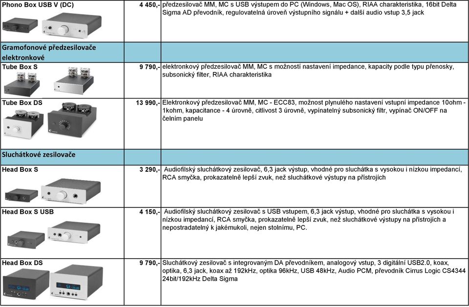 charakteristika Tube Box DS 13 990,- Elektronkový předzesilovač MM, MC - ECC83, možnost plynulého nastavení vstupní impedance 10ohm - 1kohm, kapacitance - 4 úrovně, citlivost 3 úrovně, vypínatelný