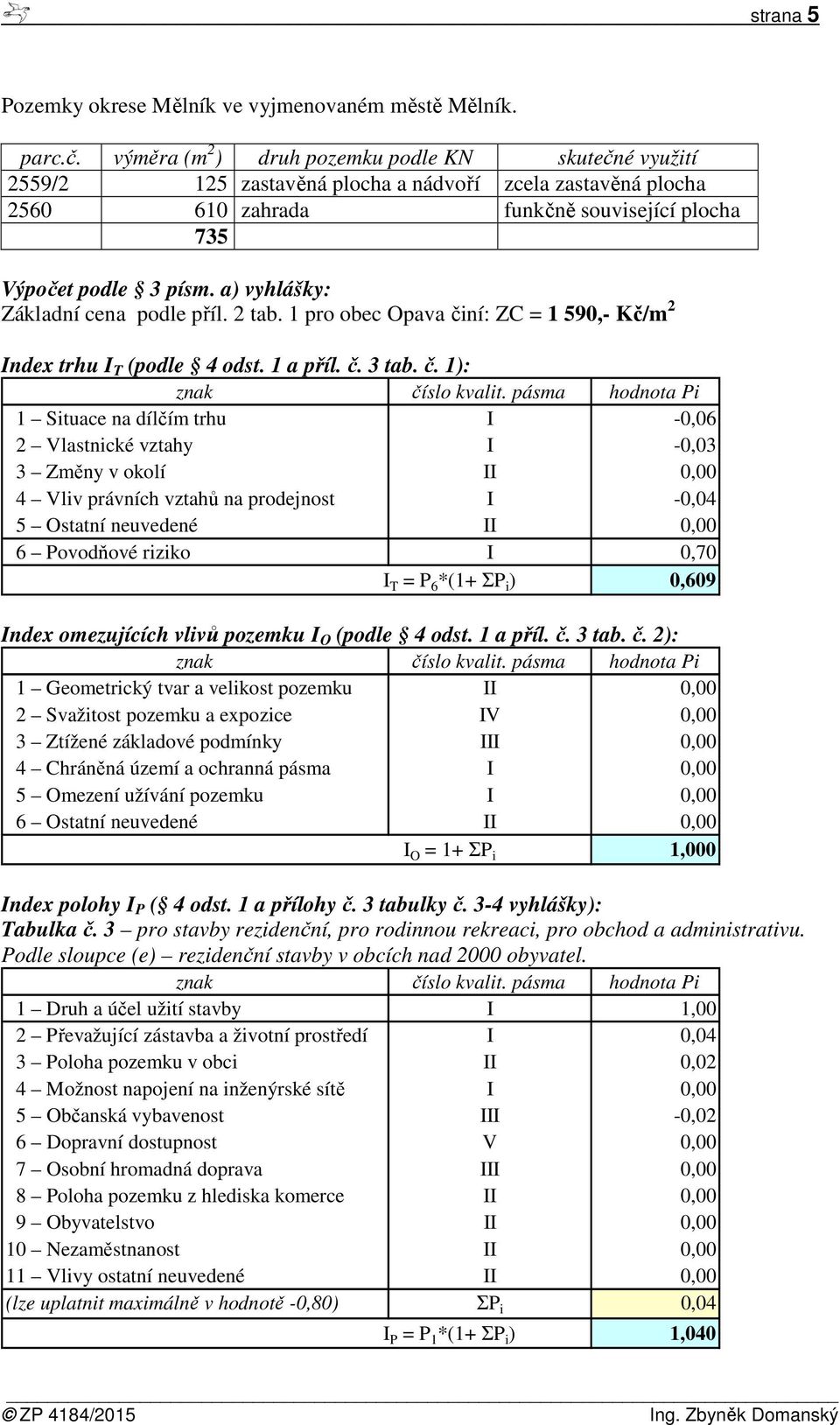 a) vyhlášky: Základní cena podle příl. 2 tab. 1 pro obec Opava činí: ZC = 1 590,- Kč/m 2 Index trhu I T (podle 4 odst. 1 a příl. č. 3 tab. č. 1): znak číslo kvalit.