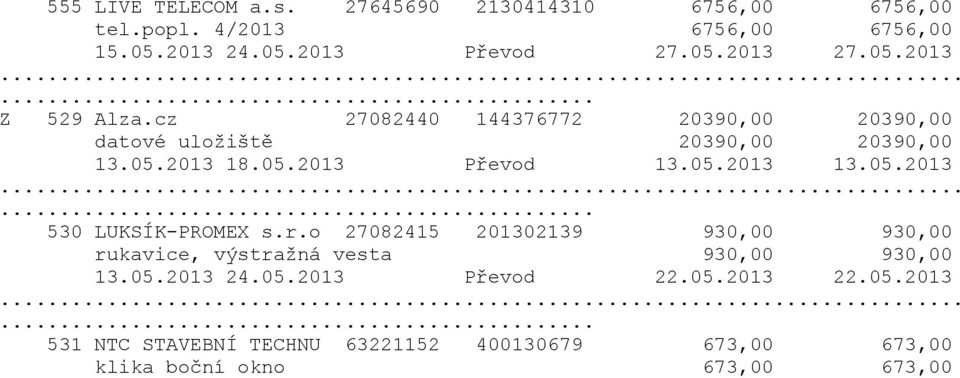 05.2013... 530 LUKSÍK-PROMEX s.r.o 27082415 201302139 930,00 930,00 rukavice, výstražná vesta 930,00 930,00 13.05.2013 24.05.2013 Převod 22.