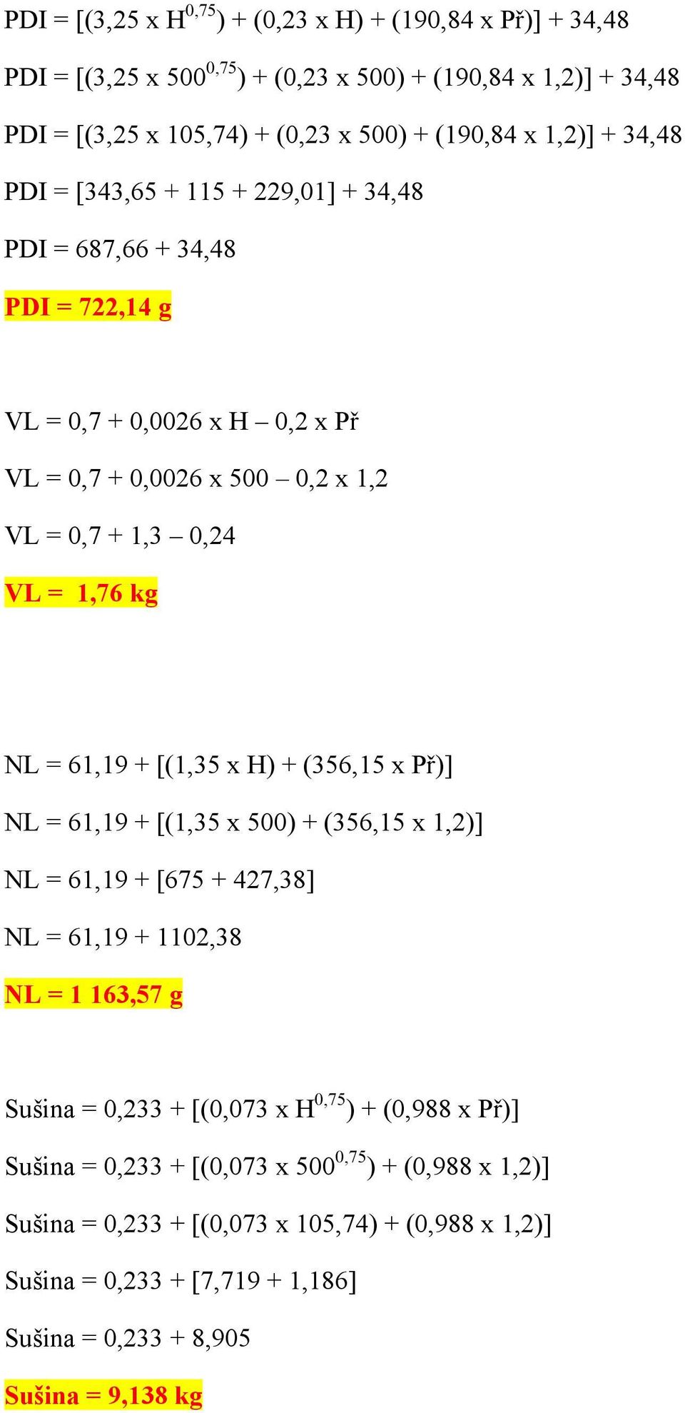 61,19 + [(1,35 x H) + (356,15 x Př)] NL = 61,19 + [(1,35 x 500) + (356,15 x 1,2)] NL = 61,19 + [675 + 427,38] NL = 61,19 + 1102,38 NL = 1 163,57 g Sušina = 0,233 + [(0,073 x H 0,75 ) +