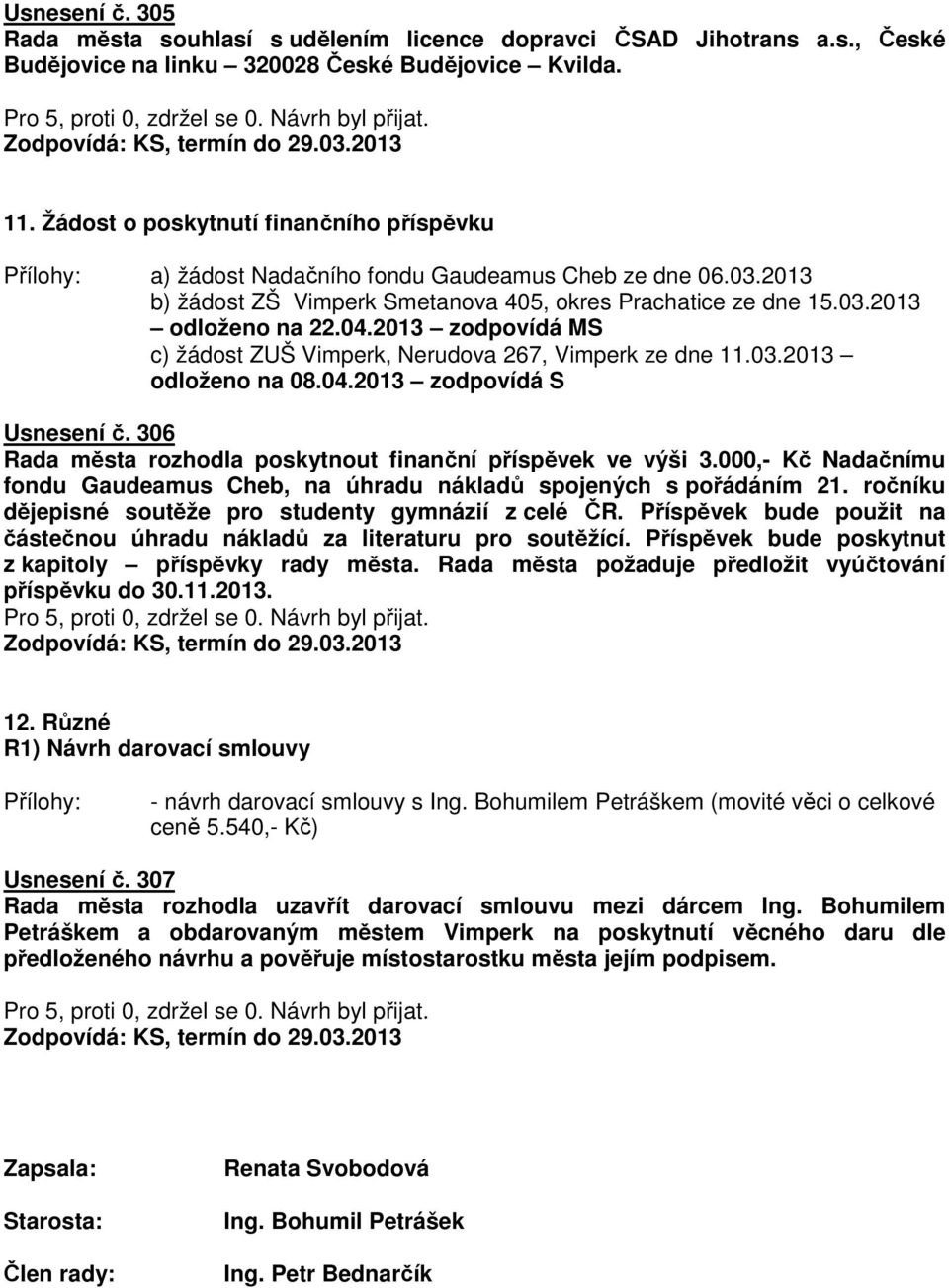 2013 zodpovídá MS c) žádost ZUŠ Vimperk, Nerudova 267, Vimperk ze dne 11.03.2013 odloženo na 08.04.2013 zodpovídá S Usnesení č. 306 Rada města rozhodla poskytnout finanční příspěvek ve výši 3.