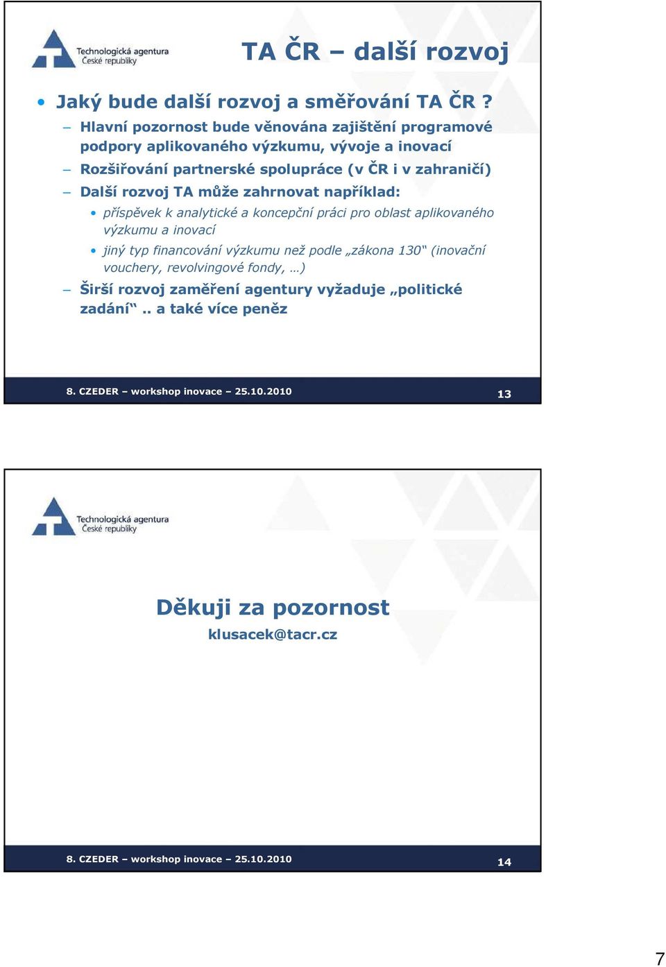 i v zahraničí) Další rozvoj TA může zahrnovat například: příspěvek k analytické a koncepční práci pro oblast aplikovaného výzkumu a