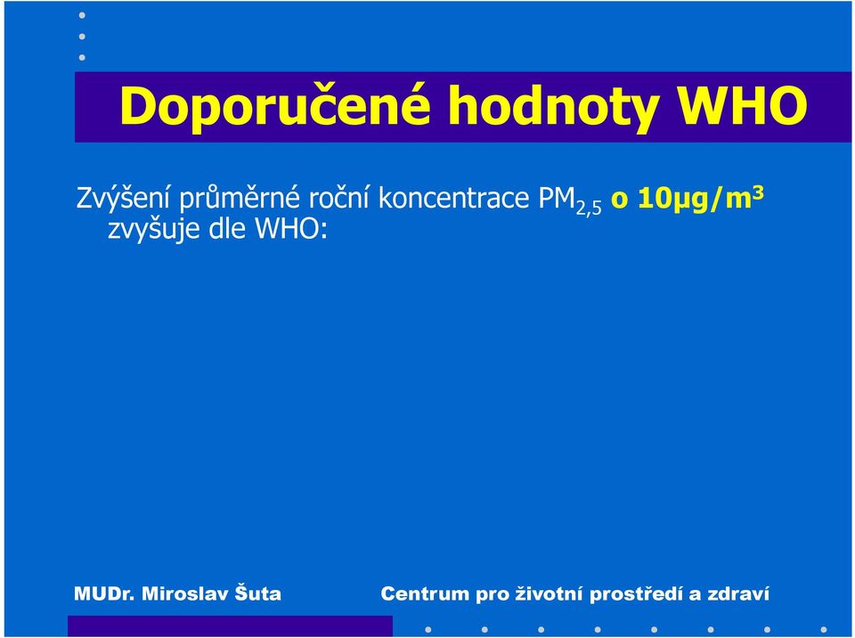 guideline (AQG) - cílové hodnoty PM 10 20 μg/m 3 PM 2,5 10 μg/m 3 = nejnižší roční koncentrace, která