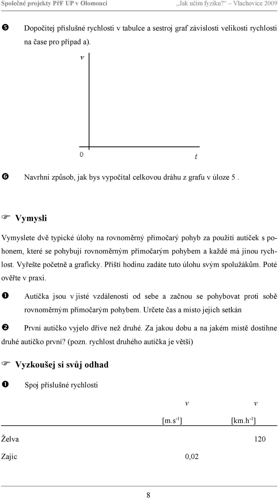 Příští hodinu zadáte tuto úlohu svým spolužákům. Poté ověřte v praxi. Autíčka jsou v jisté vzdálenosti od sebe a začnou se pohybovat proti sobě rovnoměrným přímočarým pohybem.