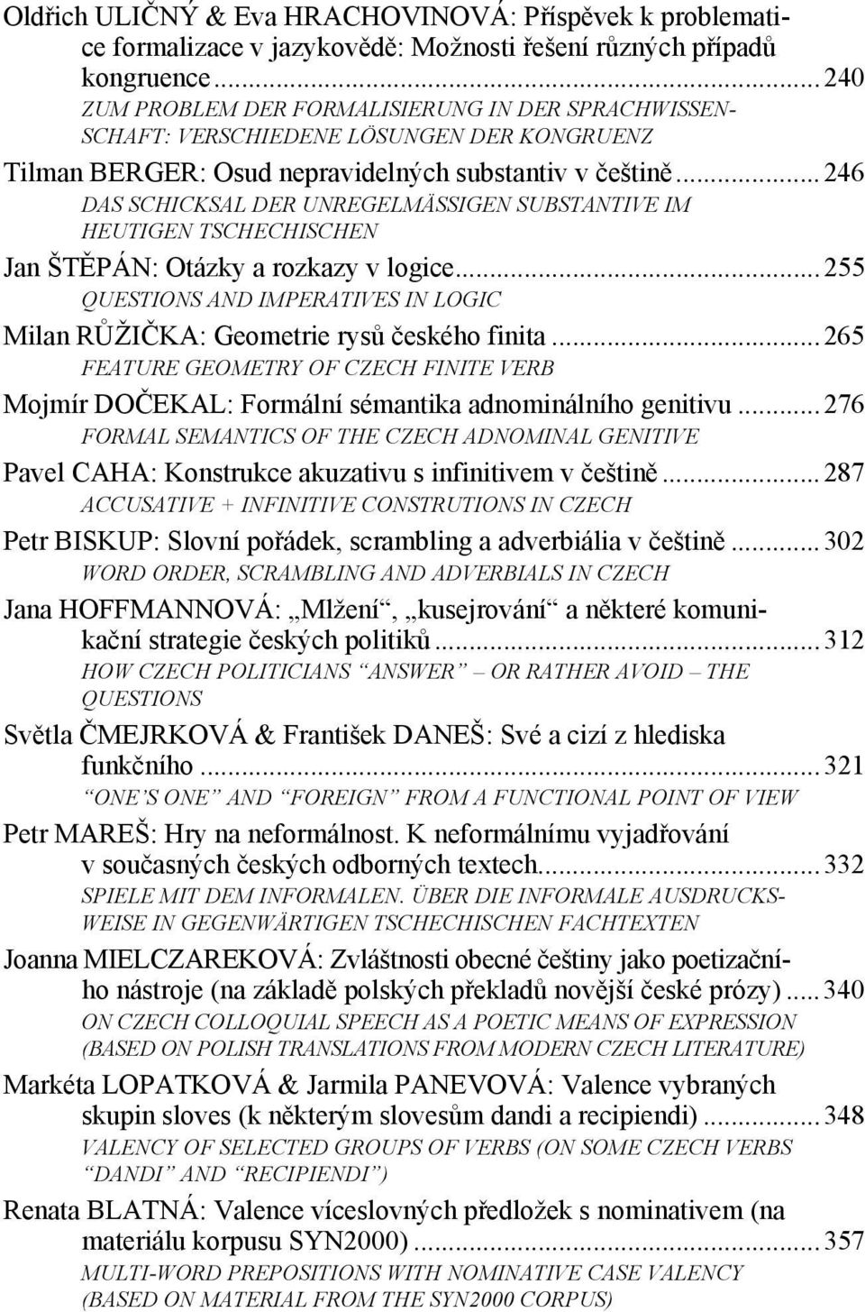 ..246 DAS SCHICKSAL DER UNREGELMÄSSIGEN SUBSTANTIVE IM HEUTIGEN TSCHECHISCHEN Jan ŠTĚPÁN: Otázky a rozkazy v logice...255 QUESTIONS AND IMPERATIVES IN LOGIC Milan RŮŽIČKA: Geometrie rysů českého finita.