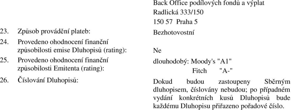 Provedeno ohodnocení finanční dlouhodobý: Moody's "A1" způsobilosti Emitenta (rating): Fitch "A-" 26.