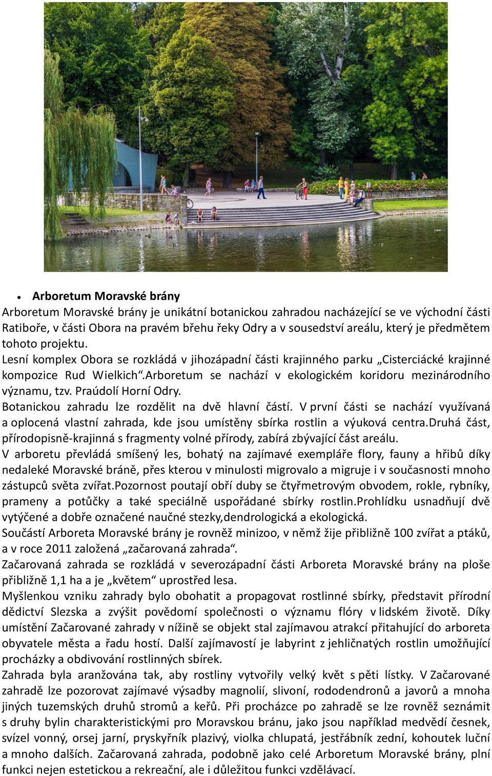 Arboretum se nachází v ekologickém koridoru mezinárodního významu, tzv. Praúdolí Horní Odry. Botanickou zahradu lze rozdělit na dvě hlavní částí.