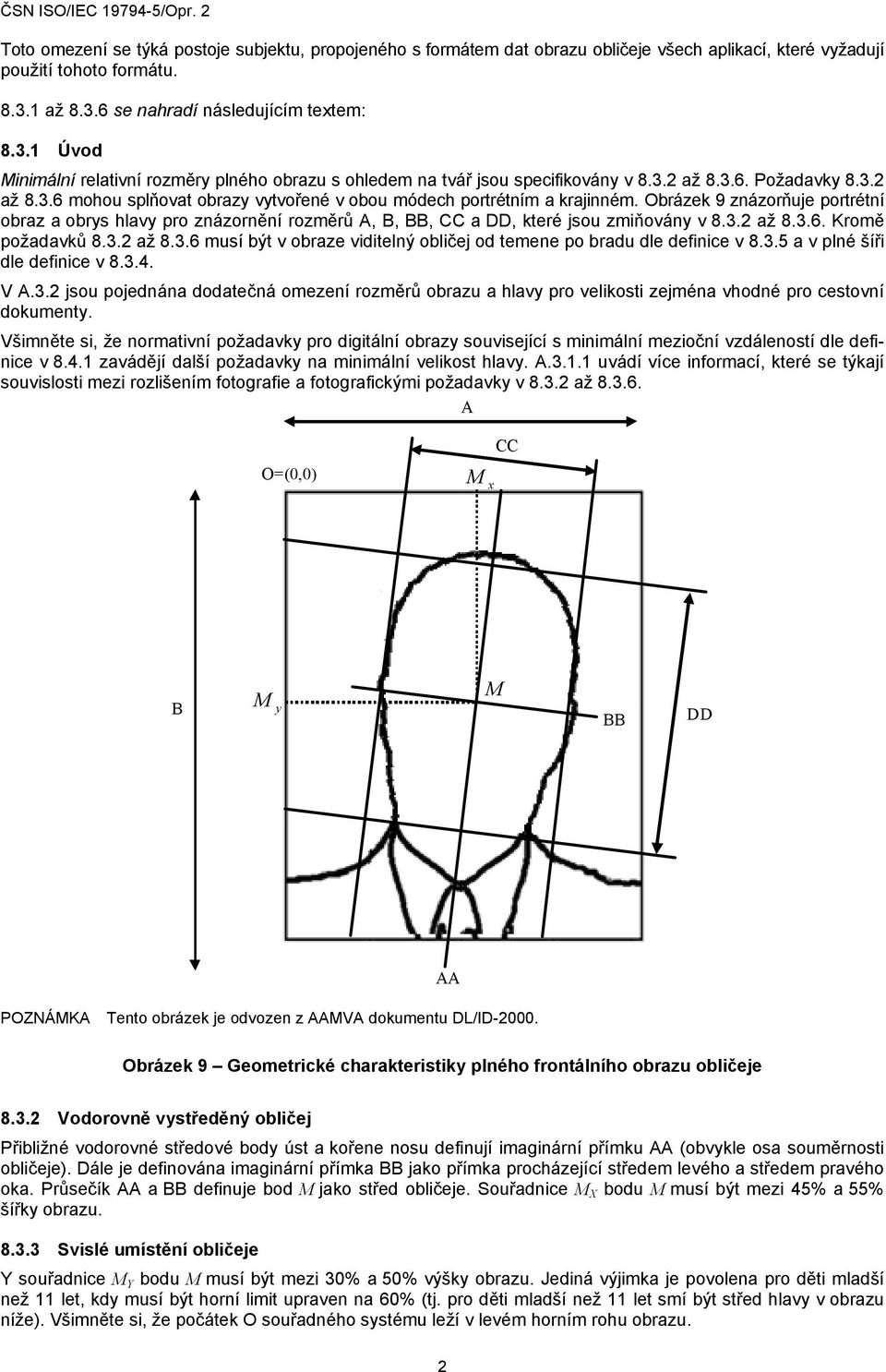 Obrázek 9 znázorňuje portrétní obraz a obrys hlavy pro znázornění rozměrů A, B, BB, CC a DD, které jsou zmiňovány v 8.3.2 až 8.3.6. Kromě požadavků 8.3.2 až 8.3.6 musí být v obraze viditelný obličej od temene po bradu dle definice v 8.