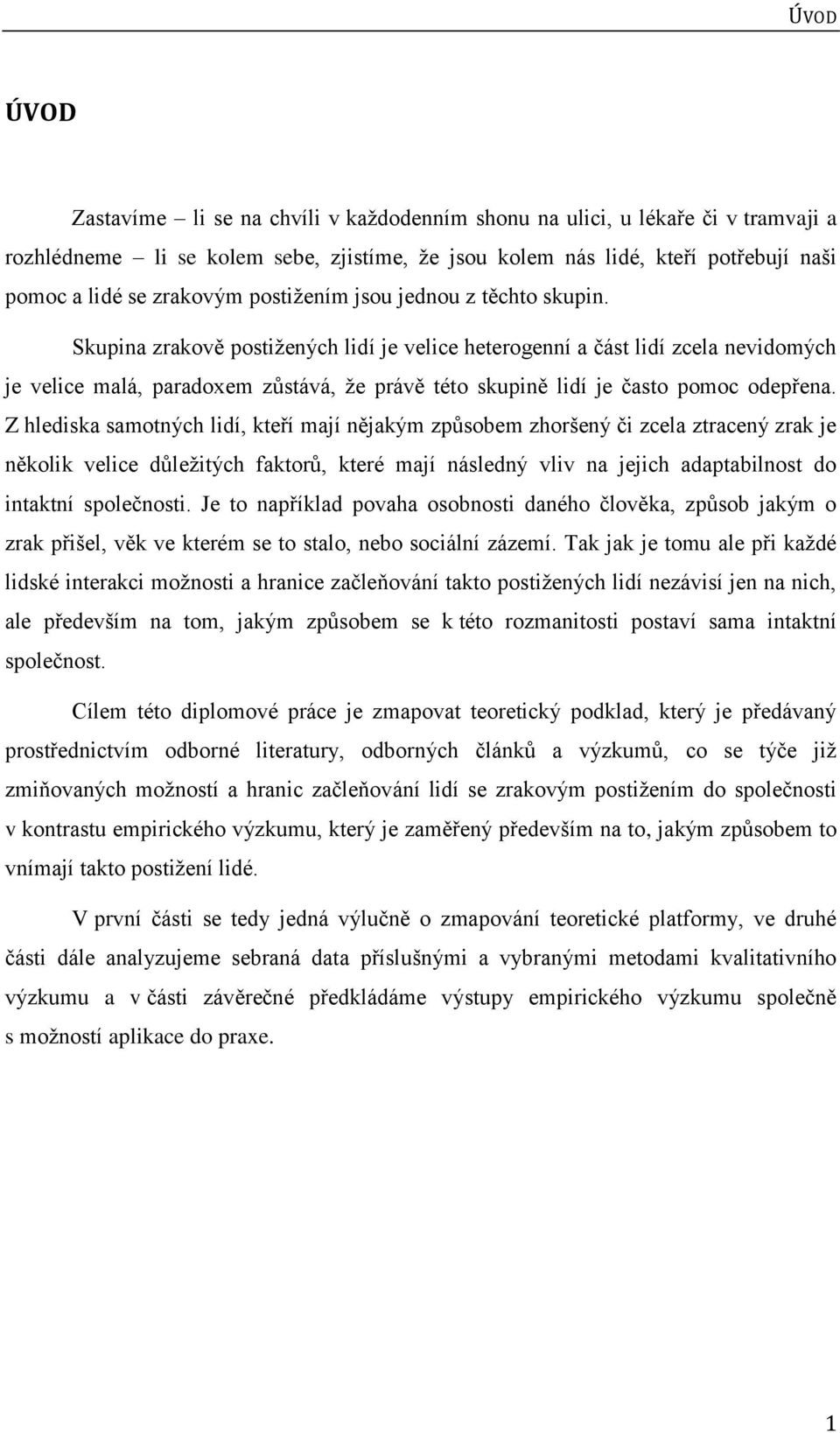 Skupina zrakově postiţených lidí je velice heterogenní a část lidí zcela nevidomých je velice malá, paradoxem zůstává, ţe právě této skupině lidí je často pomoc odepřena.