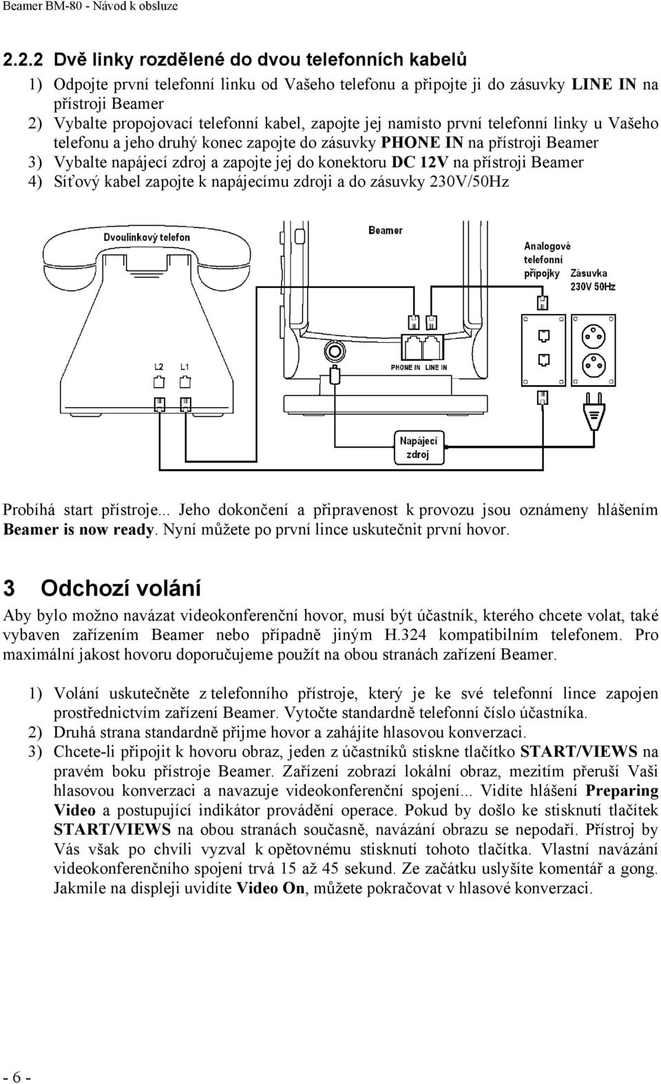 zapojte jej namísto první telefonní linky u Vašeho telefonu a jeho druhý konec zapojte do zásuvky PHONE IN na přístroji Beamer 3) Vybalte napájecí zdroj a zapojte jej do konektoru DC 12V na přístroji